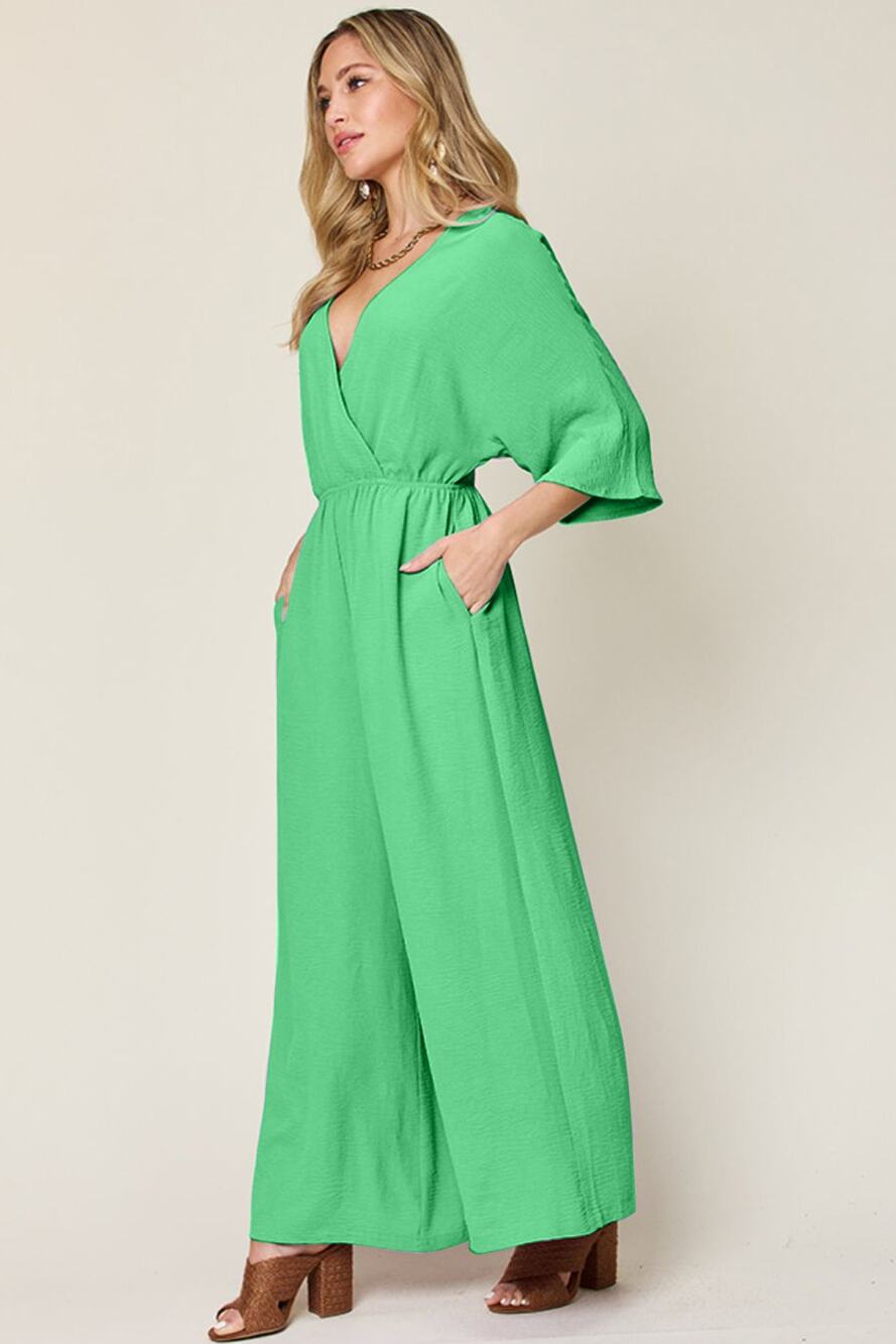 DOUBLE TAKE Green Surplice Wide Leg Jumpsuit with Pockets MISSES NEW
